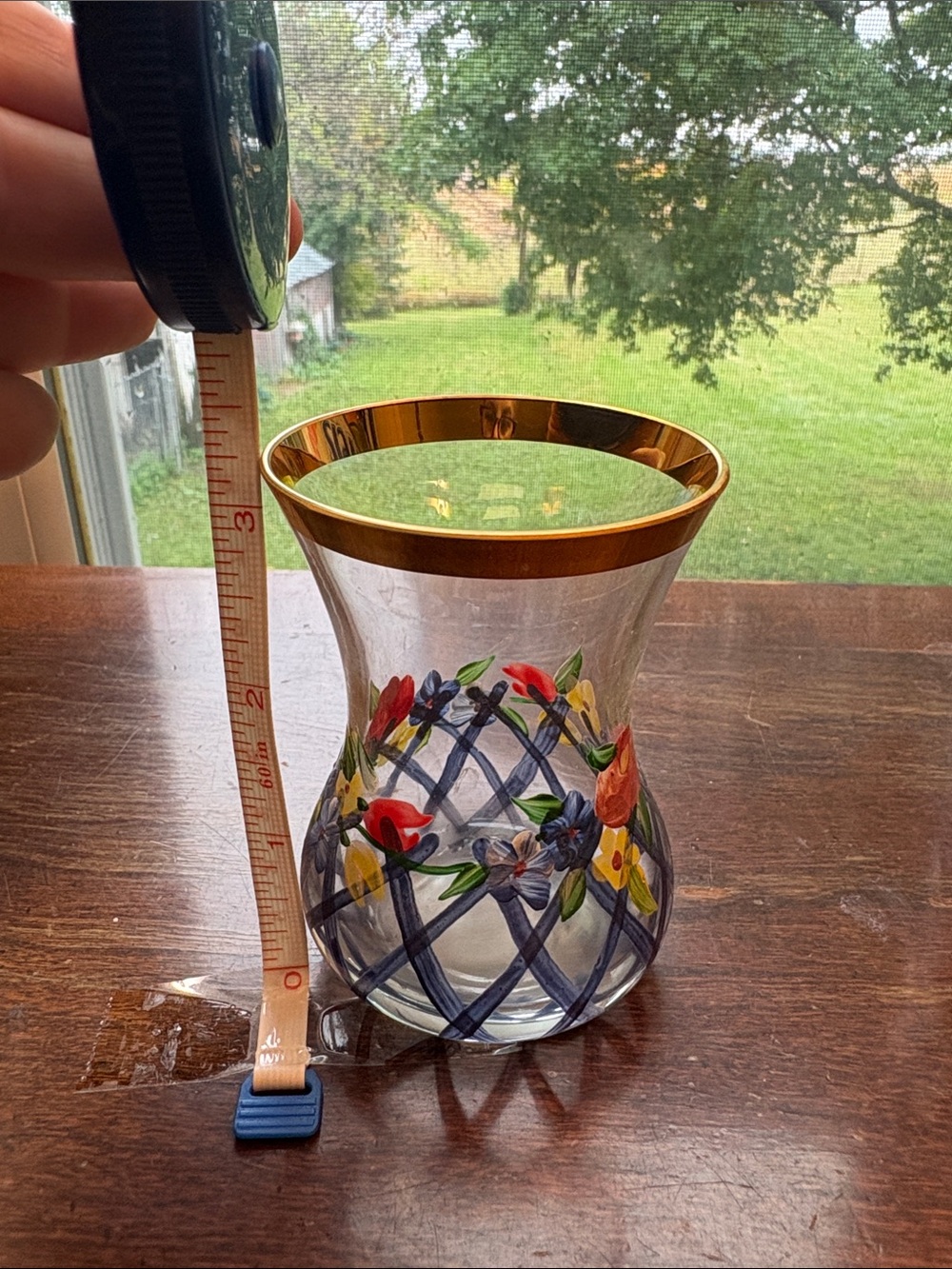 McKenzie Childs Garland Tea Vase Hand-Painted Floral Glass Vase with Gold Trim